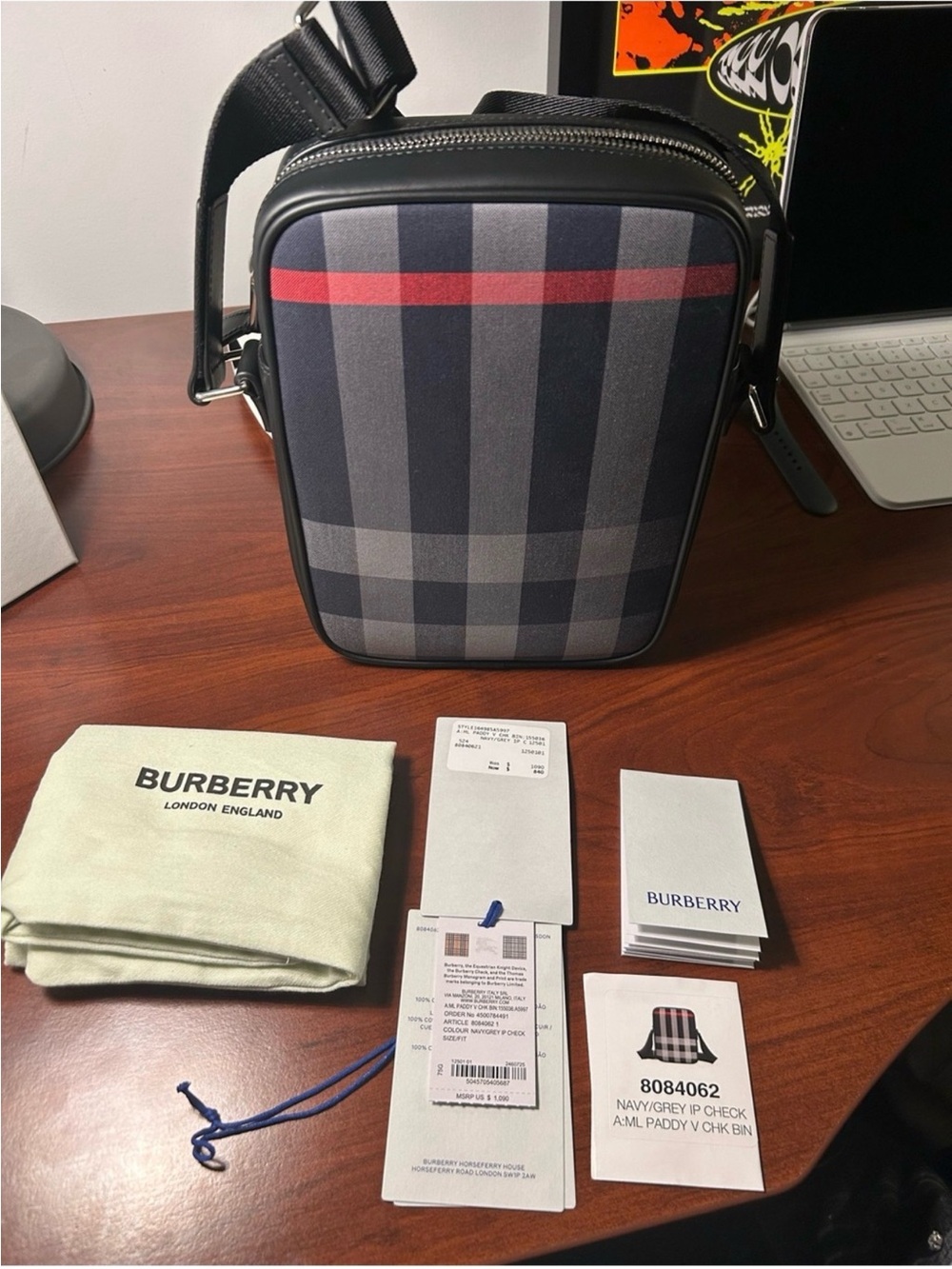 Burberry Navy, Grey & Red Check Men's Crossbody Belt Bag
